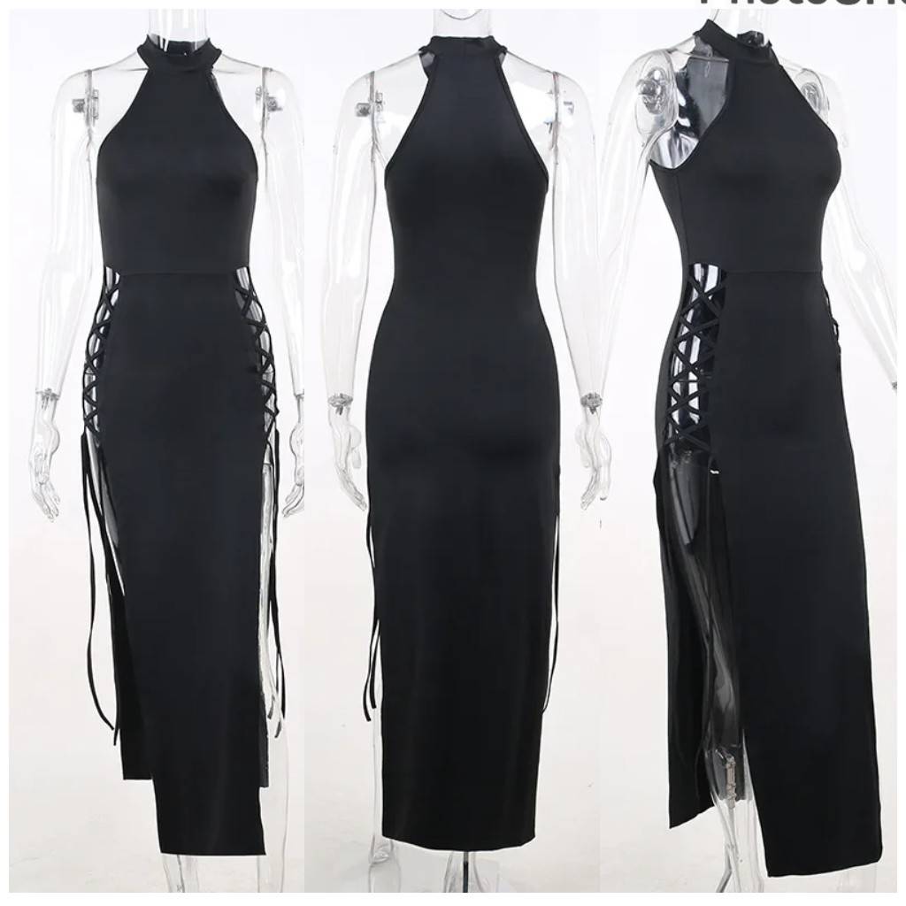 Goth Dark Cosplay High Split Sexy Bandage Women Dresses Gothic Halter Slim Midi Dress Black Grunge Style Alt Partywear