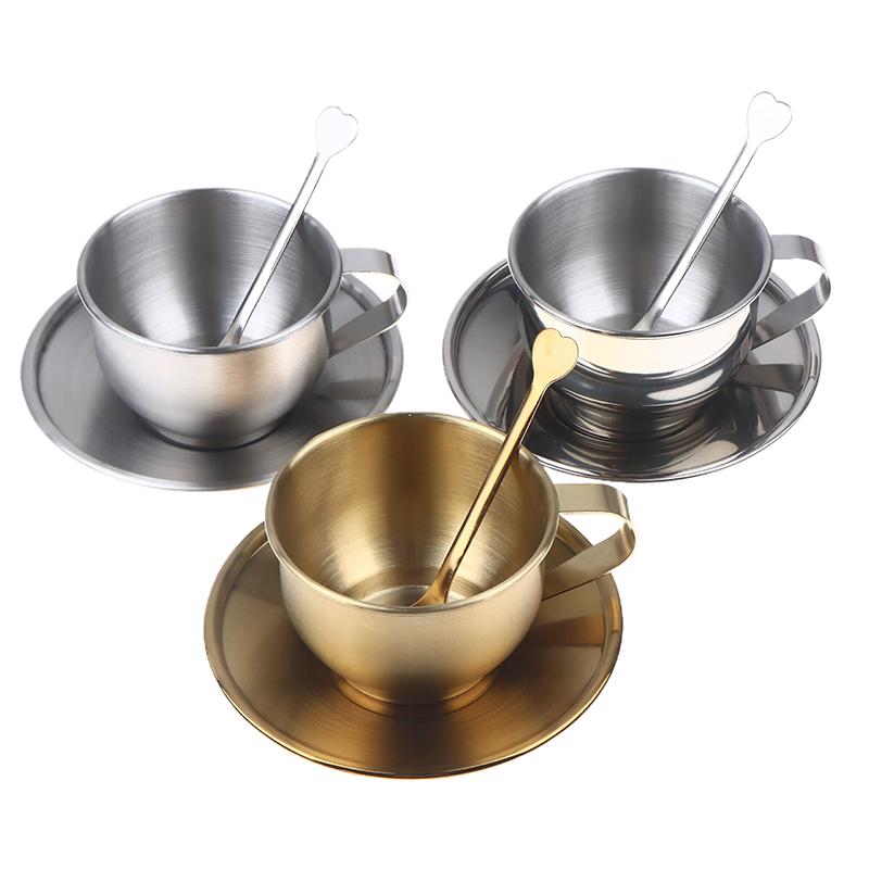 Tazza Tazza da Caffè Tazza da Tè in Acciaio Inossidabile di Alta Qualità Tazza Minimalista Resistente al Calore Tazza per il Latte con Cucchiaio Sottobicchiere Sottotazza