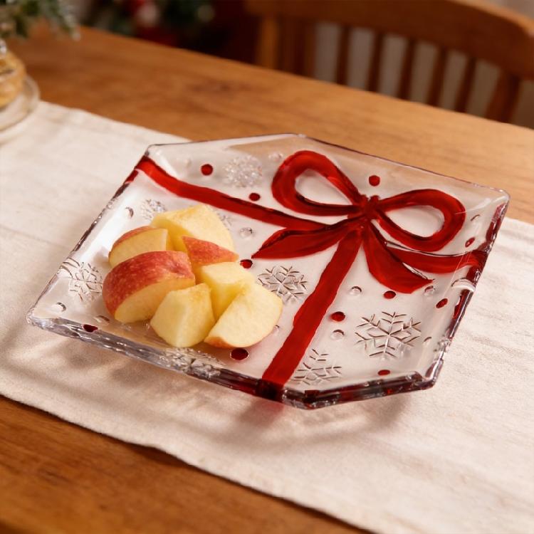Stylish Glass Cake Storage Bowl Multifunctional Candy Tray Afternoon Tea Cake Plate Adorned With Red Bowknot