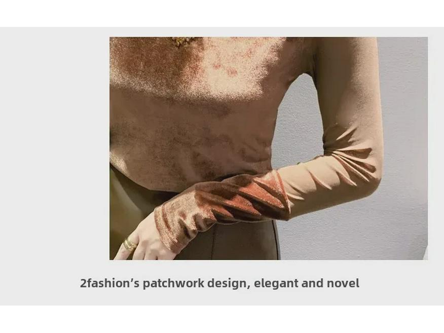 Podzimní přiléhavé tričko s korálkovou patchworkovou aplikací, polovyvýšeným límcem a dlouhým rukávem pro ženy