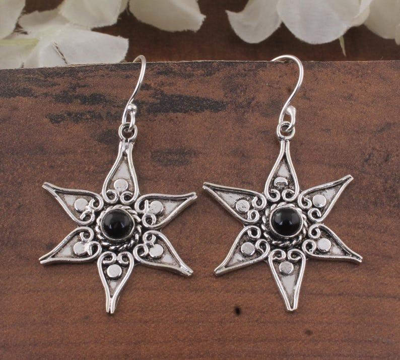 

Solid 925 Sterling Silver Black Onyx Gemstone Star Designer Earrings Unique Gift Charm Jewelry Boho Earring