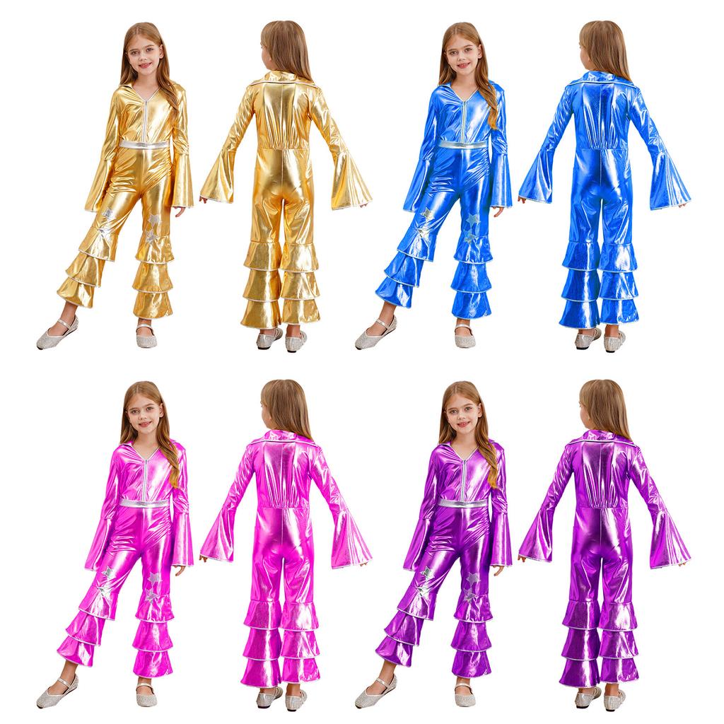 Kids Retro 70s Disco Jumpsuit, Flare Sleeve Ruffle Bodysuit with Bell Bottom Pants, Comfortable Dance Party Cosplay Costume
