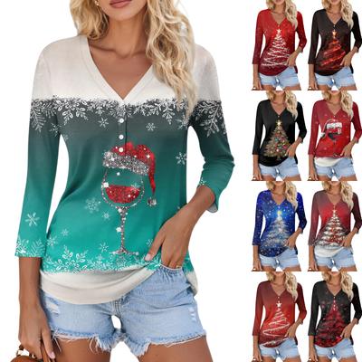 Damen Casual Mode Sexy Bequem Weihnachts-Print V-Ausschnitt Knopf Dreiviertelarm Oberteil