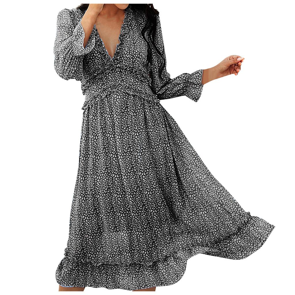 Women's Fashion Sexy Slim Casual V-Neck Chiffon Floral Dress