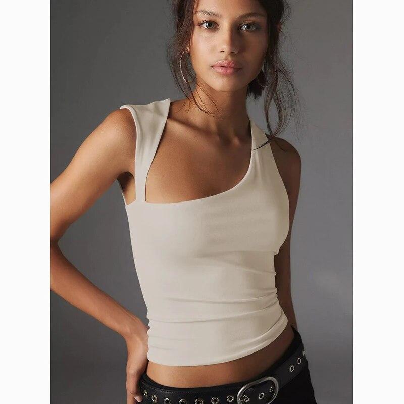 Summer  Hollow Irregular Neck Y2K Tank Tops Women Open Back Sexy Crop Tops T-shirt Casual Slim Fit Tanks Top For Women 30598