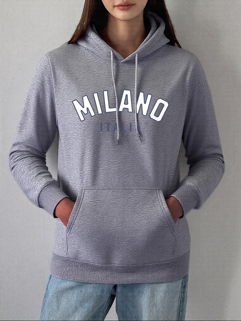Milano Italia Letter Prints Hoodie Womens Comfortable Loose Pullover Winter Fleece Warm Sweatshirt Basics Pocket Woman Clothes