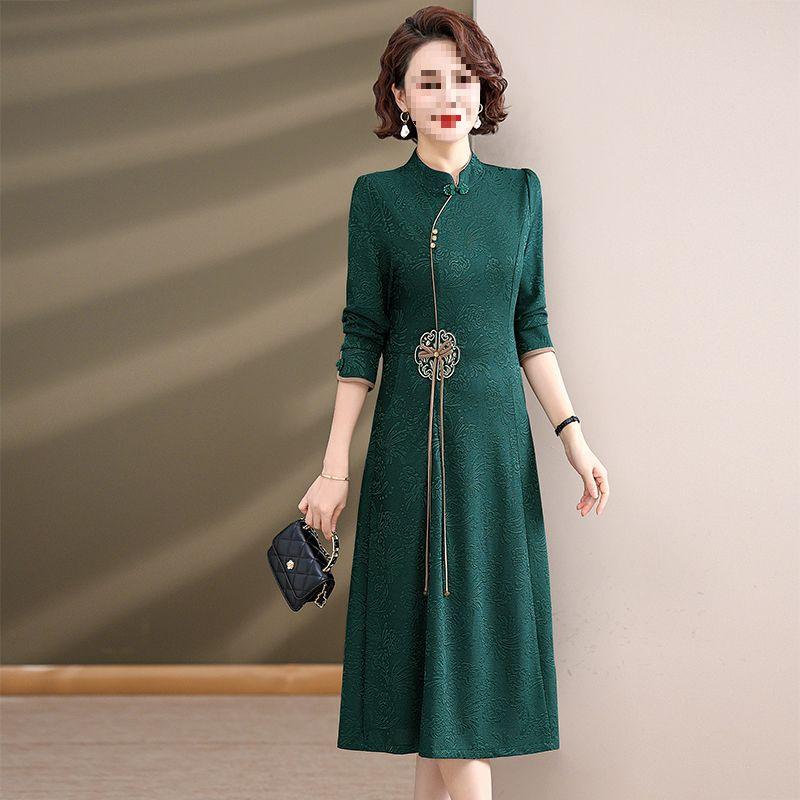 Embroidered Floral Mid-Length Dress - Trendy Spring/Autumn Wear for Middle-Aged and Elderly Women, Chinese Style.