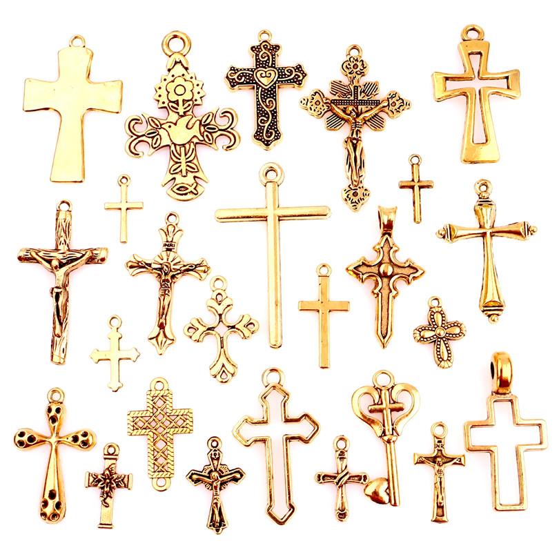 25pcs/Set Lot Vintage Cross Pendant Charms For Jewelry Making Zinc Alloy Jesus Religious Faith Charm Frame Mixed Components