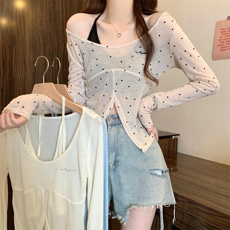 Early autumn new fake two-piece polka dot neck long-sleeved T-shirt slim sweet Spice Girl bottoming shirt with short top inside