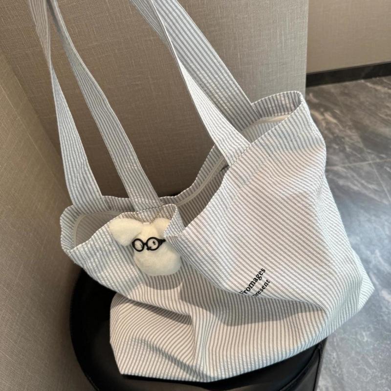 Women Shoulder Bags Casual Simple Striped All-Match Chic Commuting Korean Style Canvas Large Capacity Shopping College