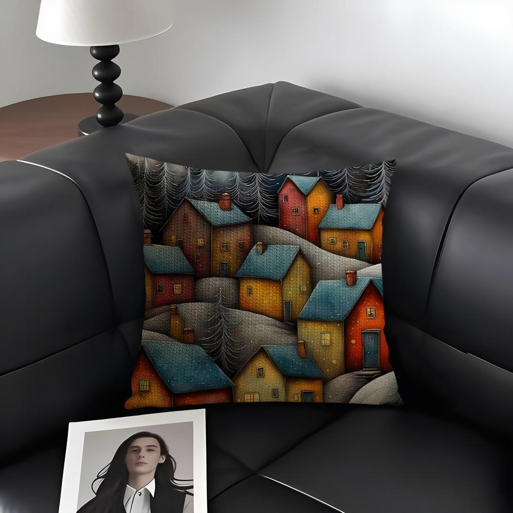 Bemaltes Waldhaus Kissenbezug Natürlicher Leinen Bio-Stoff Doppelseitiger Druck Sofa Heimdeko Geschenk Kissenhülle
