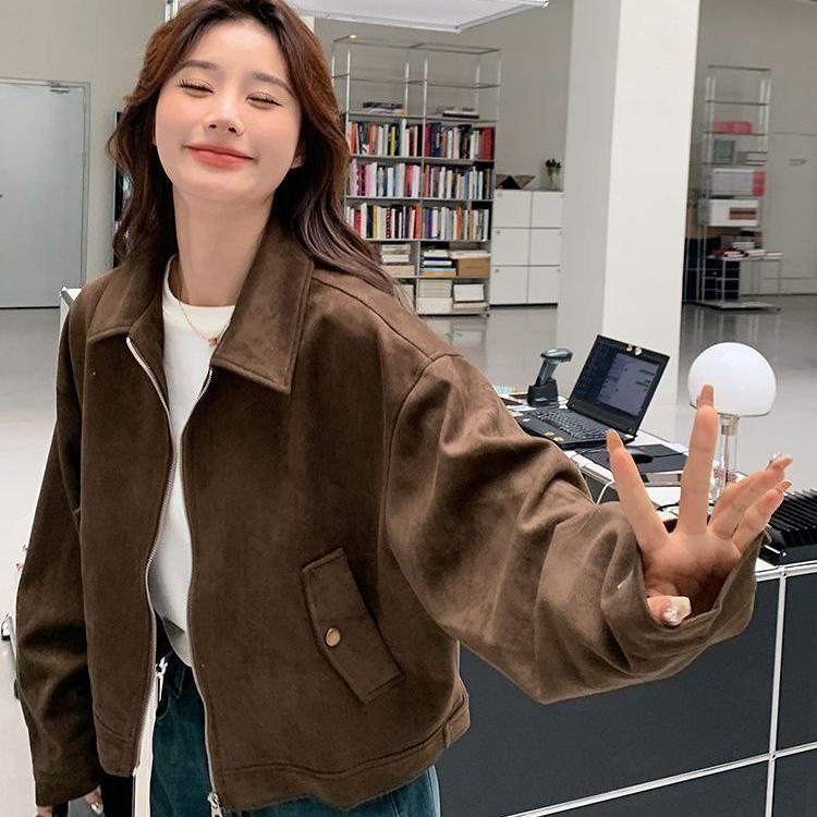 Jachetă scurtă retro pentru femei, maro Melaude din piele întoarsă sintetică, colecția de toamnă 2025