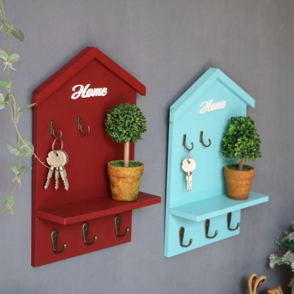 Wall Mounted Wooden Key Hook Handmade 5 Hooks Doorway Storage Rack with Hanging Hole Space Saving Keys Organizer Living Room