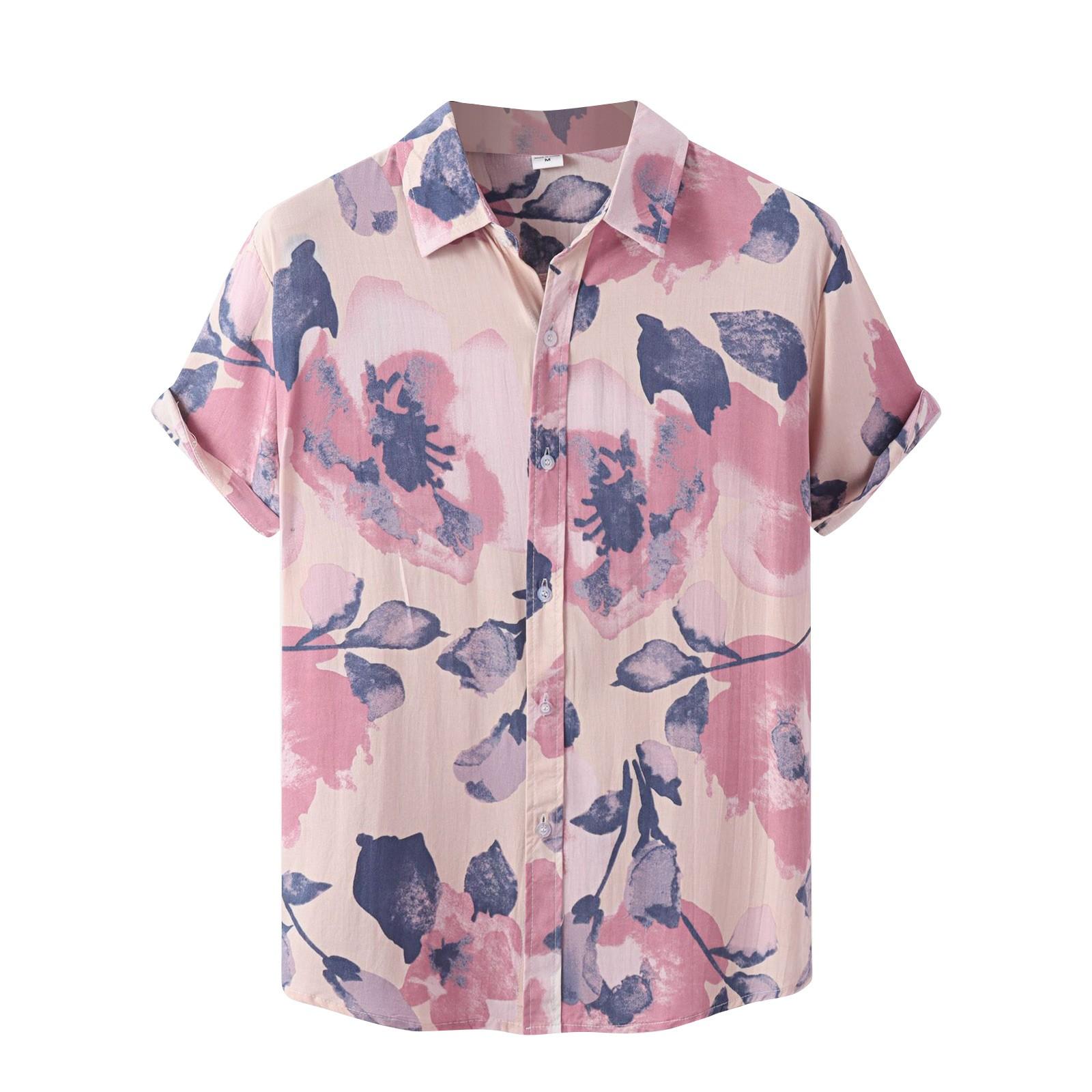 

Мужская летняя повседневная рубашка с цветочным принтом в гавайском стиле с коротким рукавом для пляжного отдыха XXXL розовый