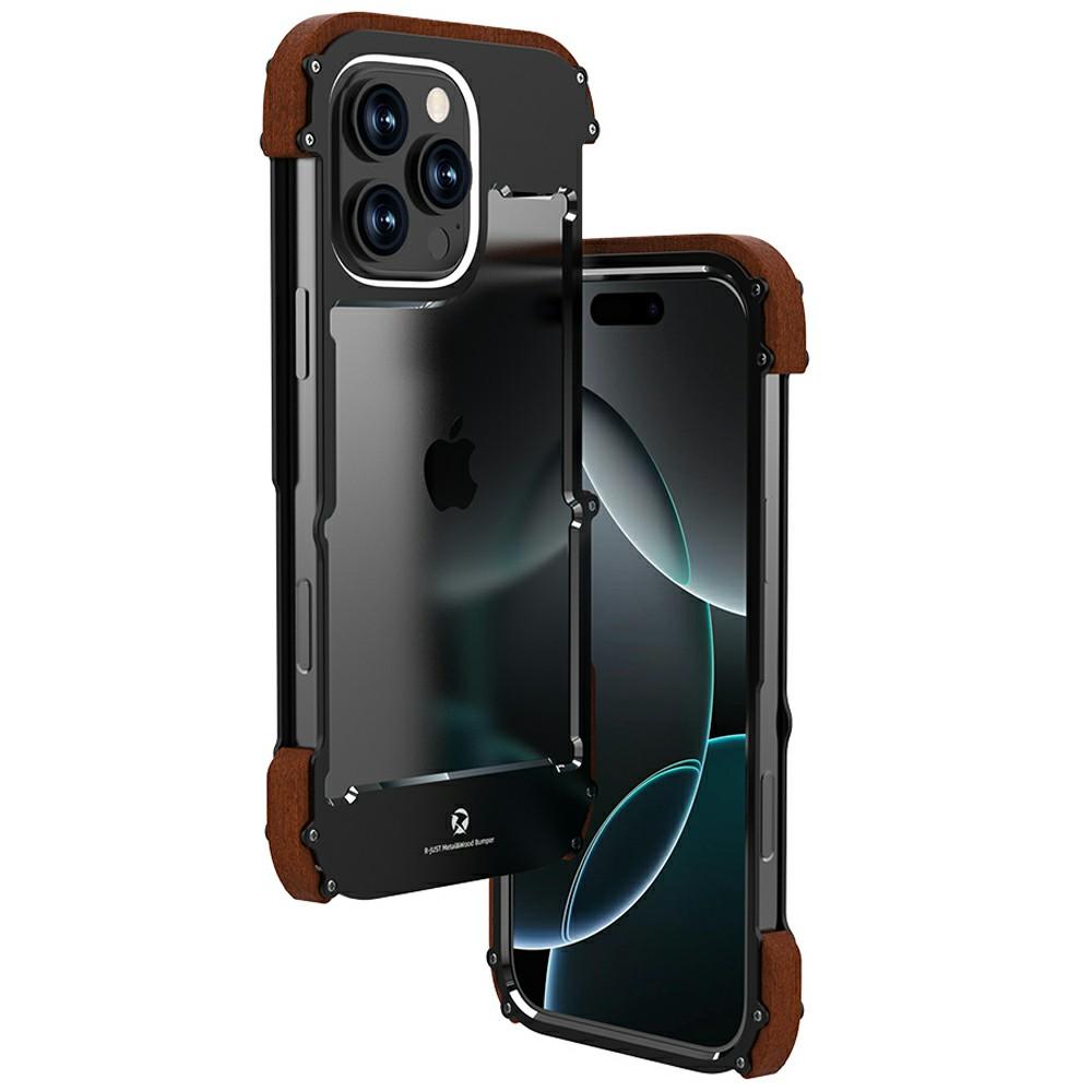 R-JUST For iPhone 16 Pro Bumper Case Aluminium Alloy+Redwood Frameless Phone Cover A