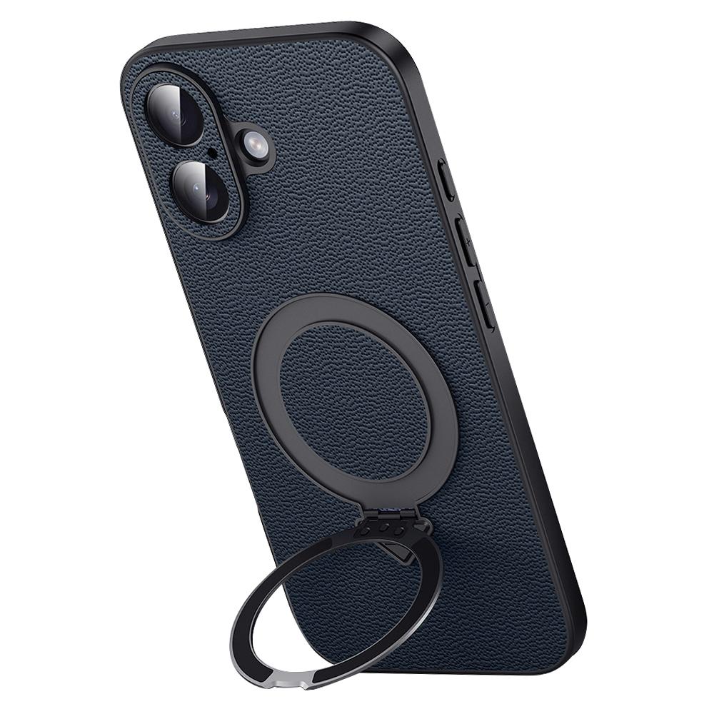 For iPhone 16 Plus Case Compatible with MagSafe Genuine Cow Leather+PC Kickstand Phone Cover