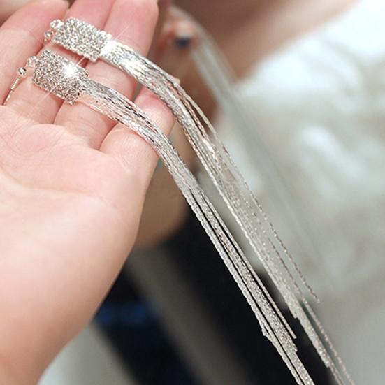 1 Pair Women Square Rhinestone Drop Earrings Long Tassels Chain Dangle Hook Earrings Jewelry