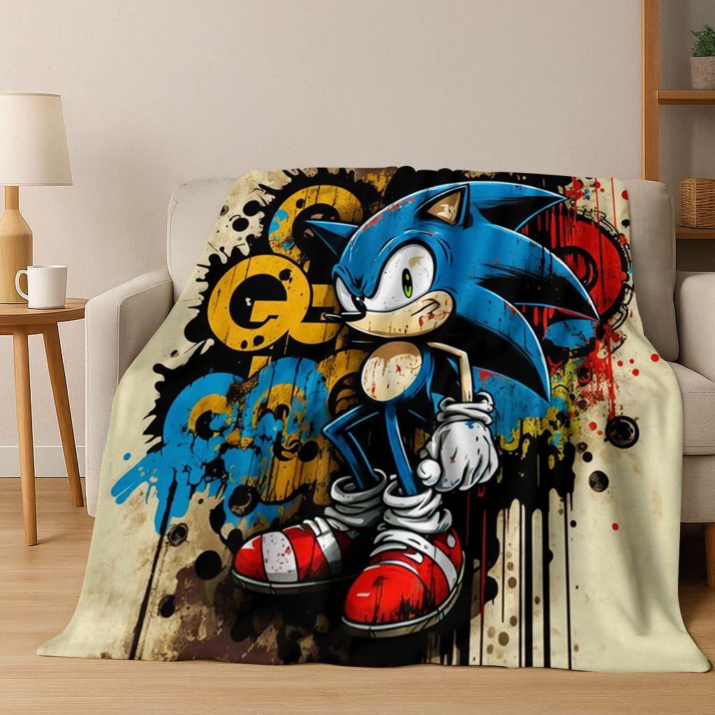 Classic S-Sonic Game Cartoon Hedgehog Flannel Blanket Soft Warm Throw Blanket for Bed Bedroom Room Living Room Travel Picnic Kid