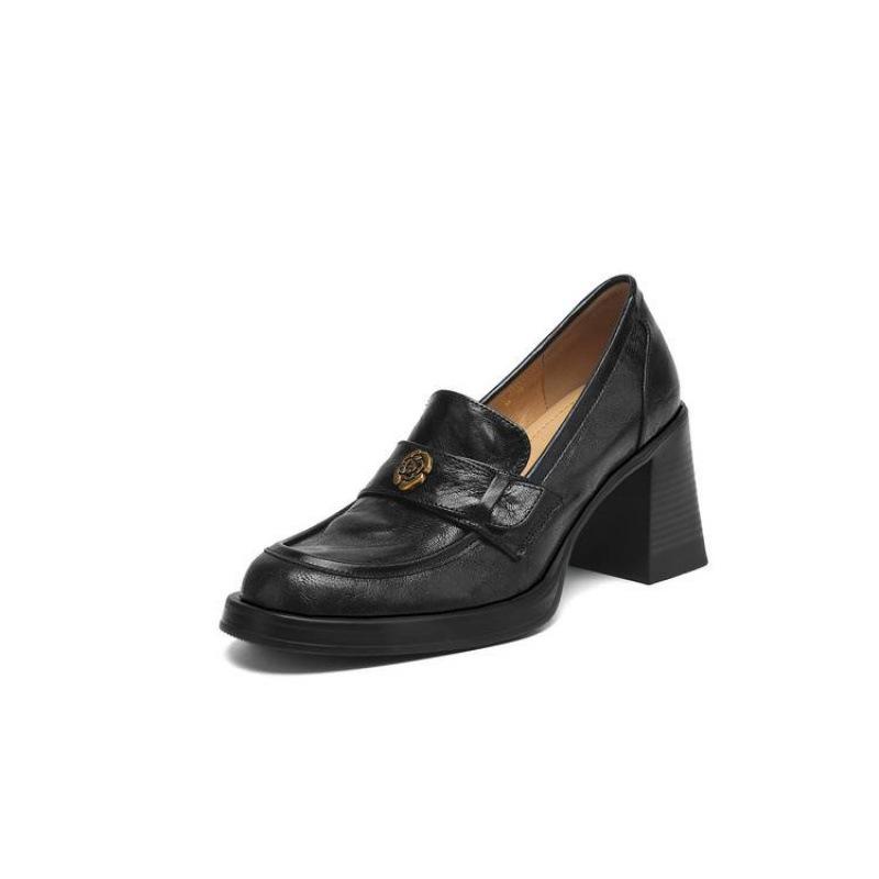 New Women's Leather Loafers Non-slip Thick-soled Mid-mouth Casual High-heeled Large-size Shoes Women Wear Sheepskin Single Shoes In All Seasons