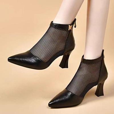 Spring and Summer Thick Heel Mesh Cool Boots New Mesh Boots Pointed Breathable Hollow Middle Heel Roman Shoes