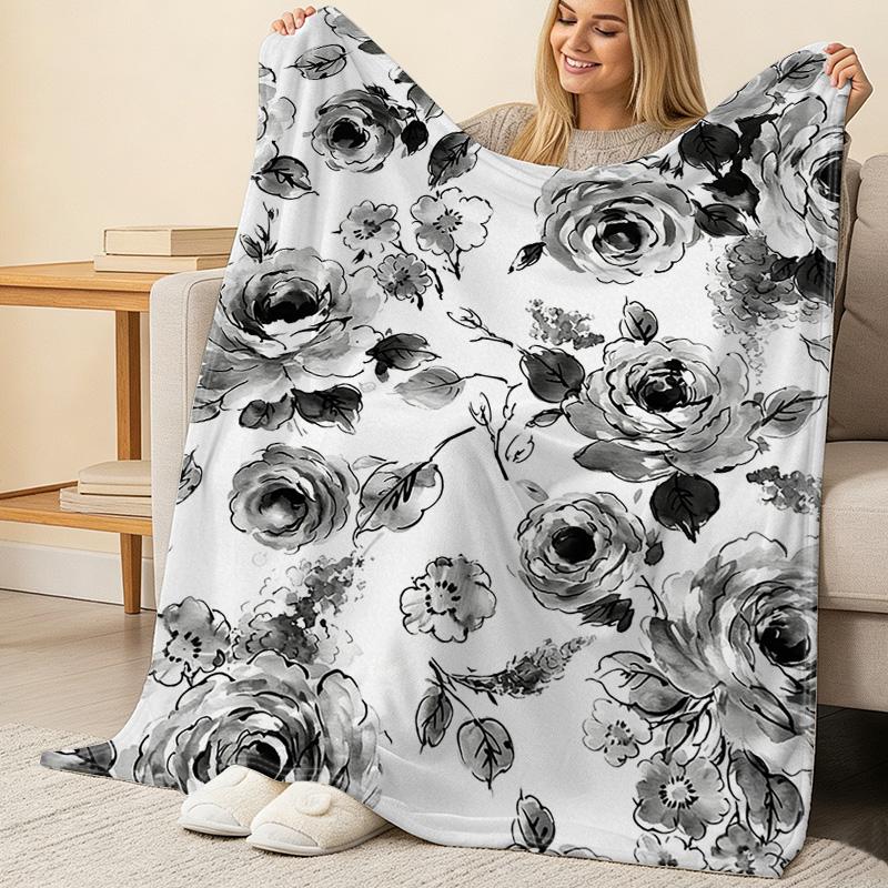 Soft Thick Flannel Blanket with Elegant Ink-Wash Floral Pattern, Warm Cozy for Home Bedroom Guest Room, Single Size, Ideal for Halloween & Christmas