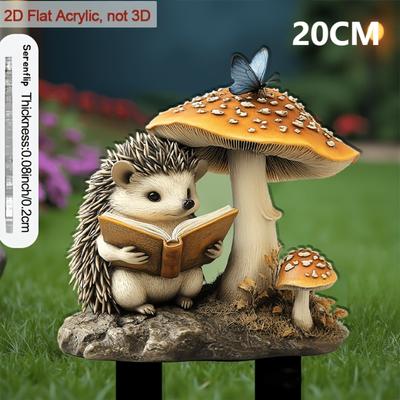 2D Flat Acrylic Garden Stake Hedgehog With Mushroom & Butterfly Design Outdoor Flower Bed Pot Yard Soil Decoration