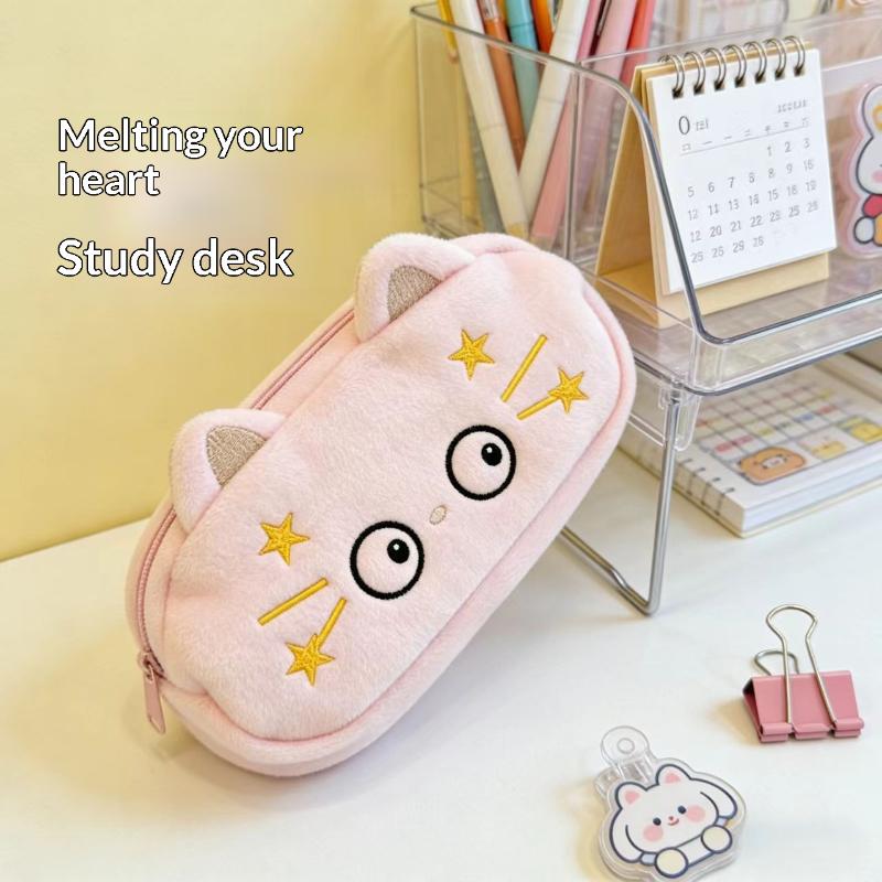 Cute Cartoon Plush Cat Pencil Case Multi-Layer Large Capacity Stationery Storage Bag Student Pencil Case Stationery Supplies