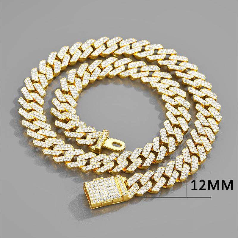 Necklace+Bracelet Cuban Link Chain Hip Hop Men Necklace 14mm Iced Out Paris Chain 2 Row Rhinestone Paved Miami Rhombus Cuban