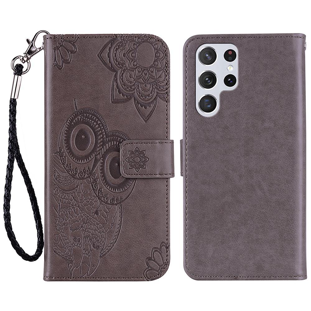

For Samsung Galaxy S25 Ultra Case Owl Flower Imprinted Leather Cover Wallet with Strap Grey