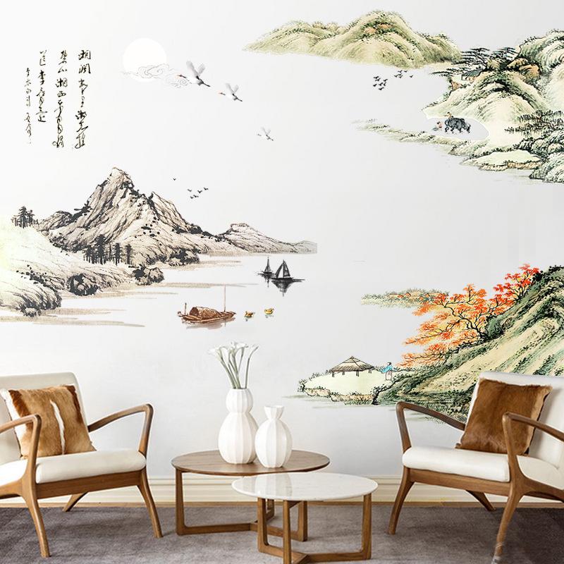 Adesivo de Parede Estilo Chinês Pintura de Paisagem para Sala de Estar Quarto Escritório Decoração de Casa Autoadesivo Decalque de Parede