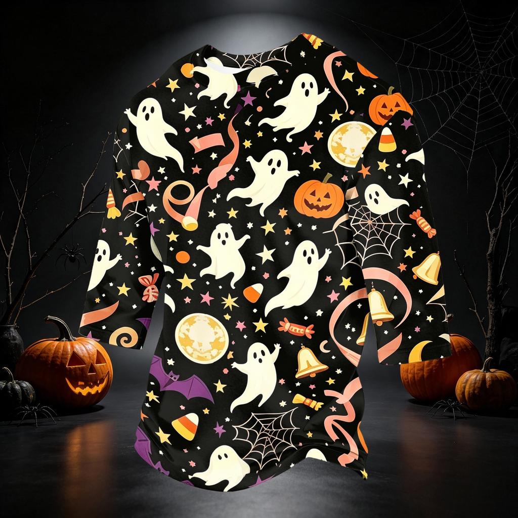 Men's Casual 3/4 Sleeve Round Neck T-Shirt with Halloween Print