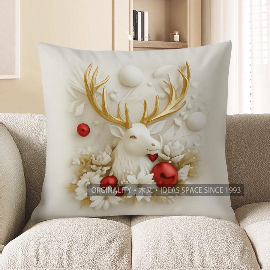 Home Decor Deer with Golden Antlers and Red Balls Pillow Pattern Cushion Cover Suitable for Sofa Bedroom Car Pillow Cover