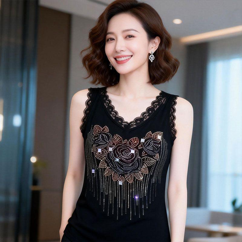 Women's Summer Rhinestone Lace Camisole - Loose Fit, Sleeveless Plus Size Tank