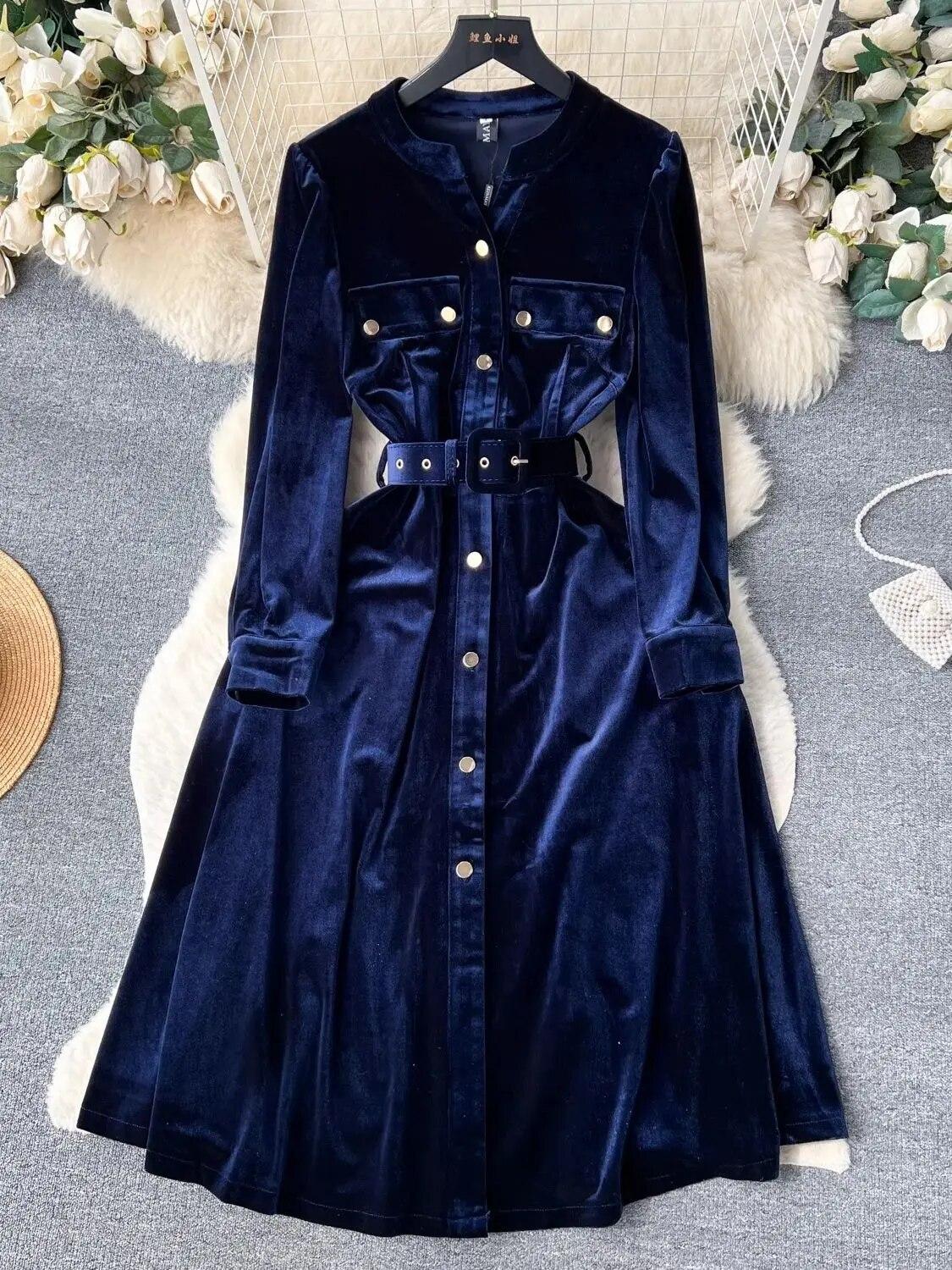 

Осень-зима винтажное бархатное платье миди женское однобортное платье с длинным рукавом и v-образным вырезом с карманами и поясом для офисных вечеринок XXL синий