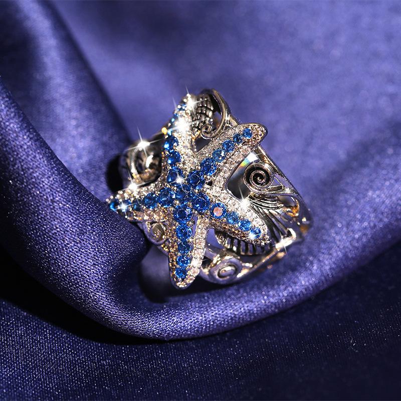 Hot Selling European and American Fashion Neptune Blue Crystal Zircon Ring Female Temperament Ruili Banquet Jewelry