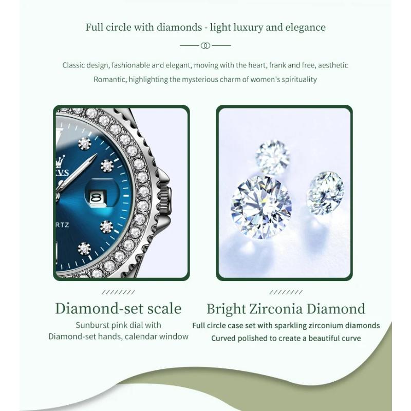 OLEVS Kvartsklokke for kvinner Diamond Dial Luxury Rustfritt stål Vanntett Elegant Dame Mote Topp Merke Dameklokke