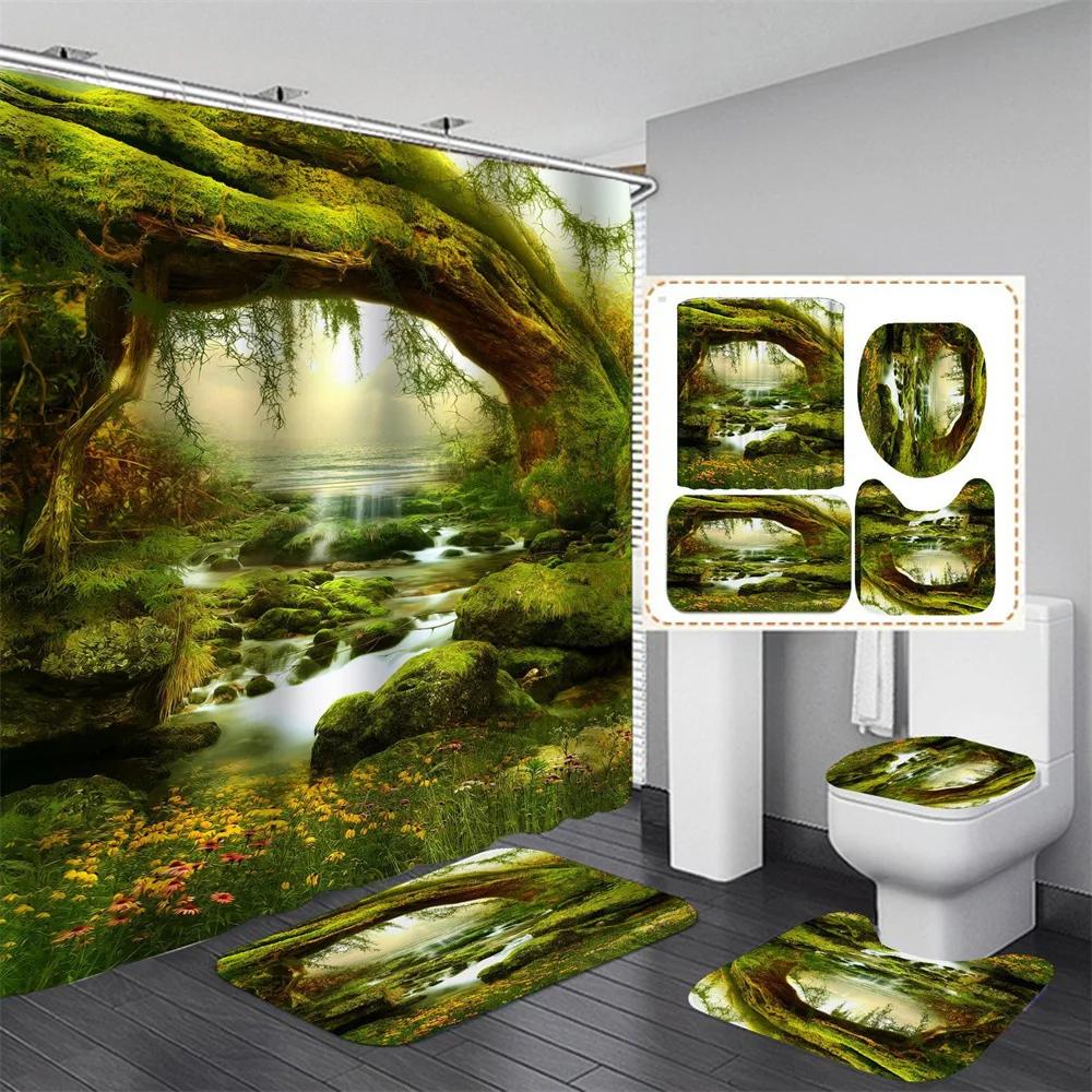 Nature Scenery Shower Curtain Set Green Forest Mountain River Landscape Bathroom Shower Curtain Waterproof Fabric Bathroom Sets