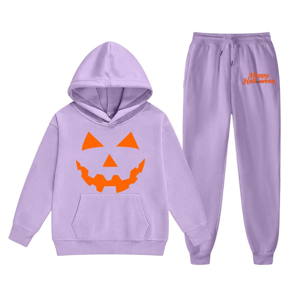 Kids Halloween Hoodie and Sweatpants Set Pumpkin Face Print Hooded Sweatshirt and Matching Bottoms Comfortable Fit for Children