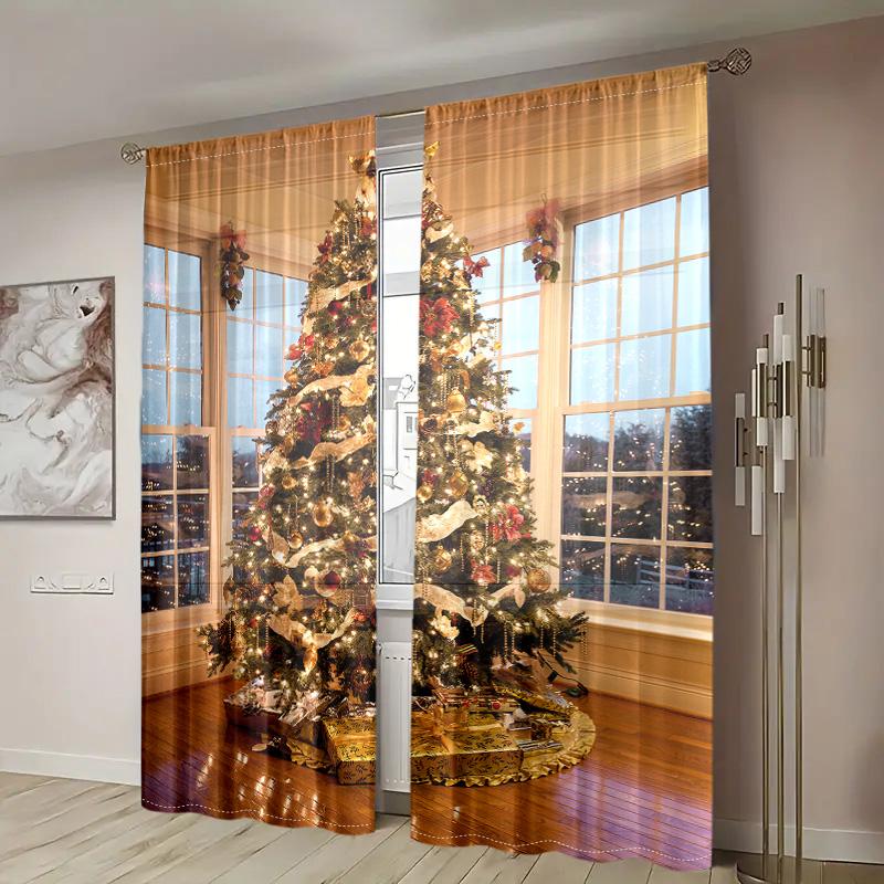 2 Pieces, Christmas Tree Curtains -30% Blackout - Suitable for Living Room, Bedroom, Kitchen, Home Decoration
