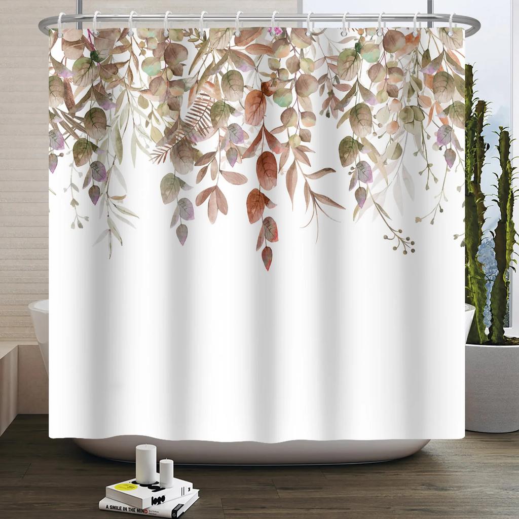 Green Eucalyptus Shower Curtain Watercolor Plant Leaves Bathroom Decoration Waterproof White Fabric Bath Curtain With 12 Hooks