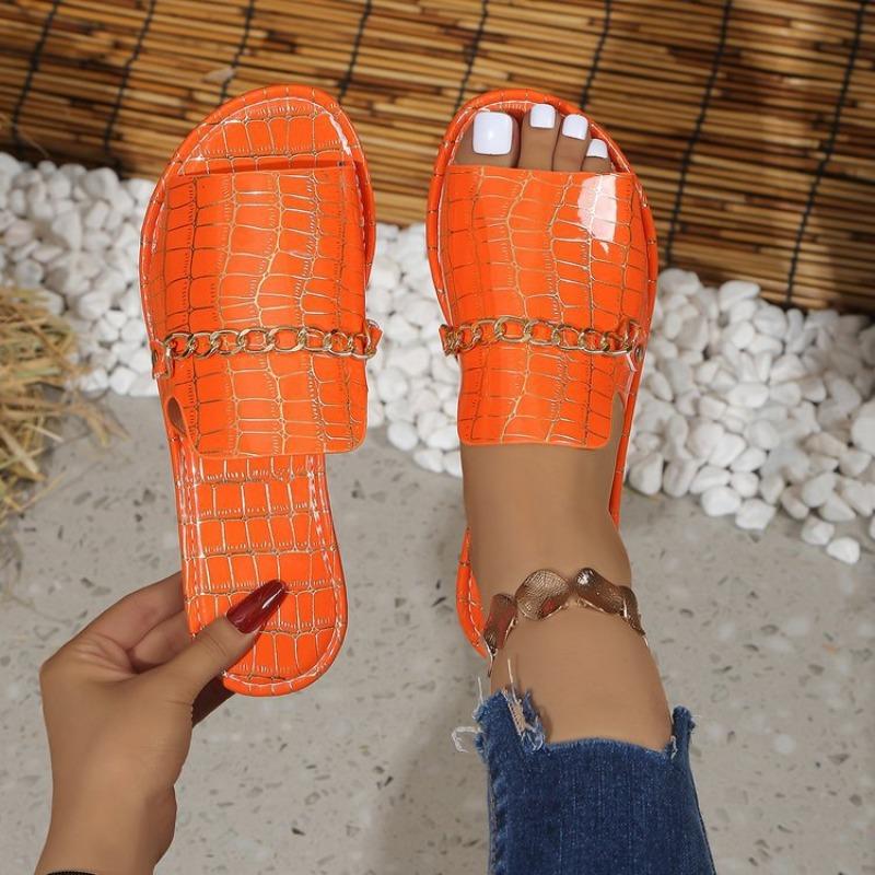 Oversized Flat Slippers with Crocodile Pattern Chain Casual Shoes for Women