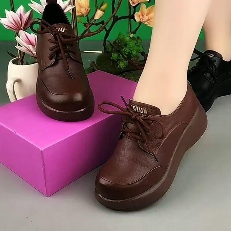 Spring and Autumn New Platform Shoes Round Head Lace-up Flat Bottom Non-slip Small Leather Shoes Platform Slope Heel Single Shoes Women's Models