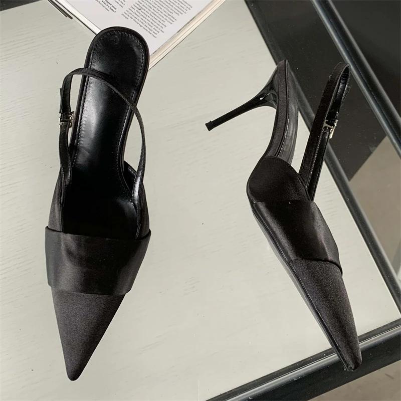 Eilyken Silk Pointed Toe Buckle Strap Women Pumps Elegant Thin High Heels Sandals Sexy Party Stripper Mules Shoes
