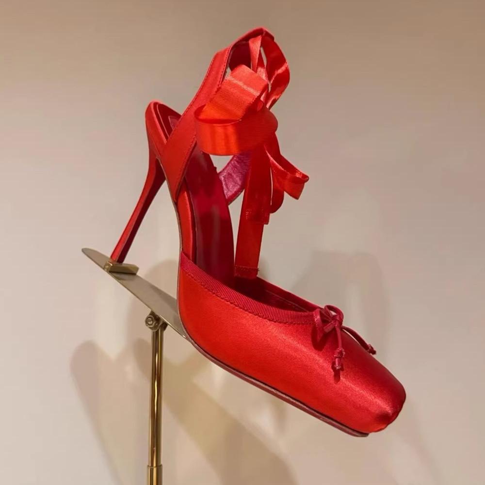 Women Summer High Heeled Shoes for Woman's Square Toe Thin Heels Butterfly-Knot Pumps Sexy Ladies Ankle Strap Wedding Shoes