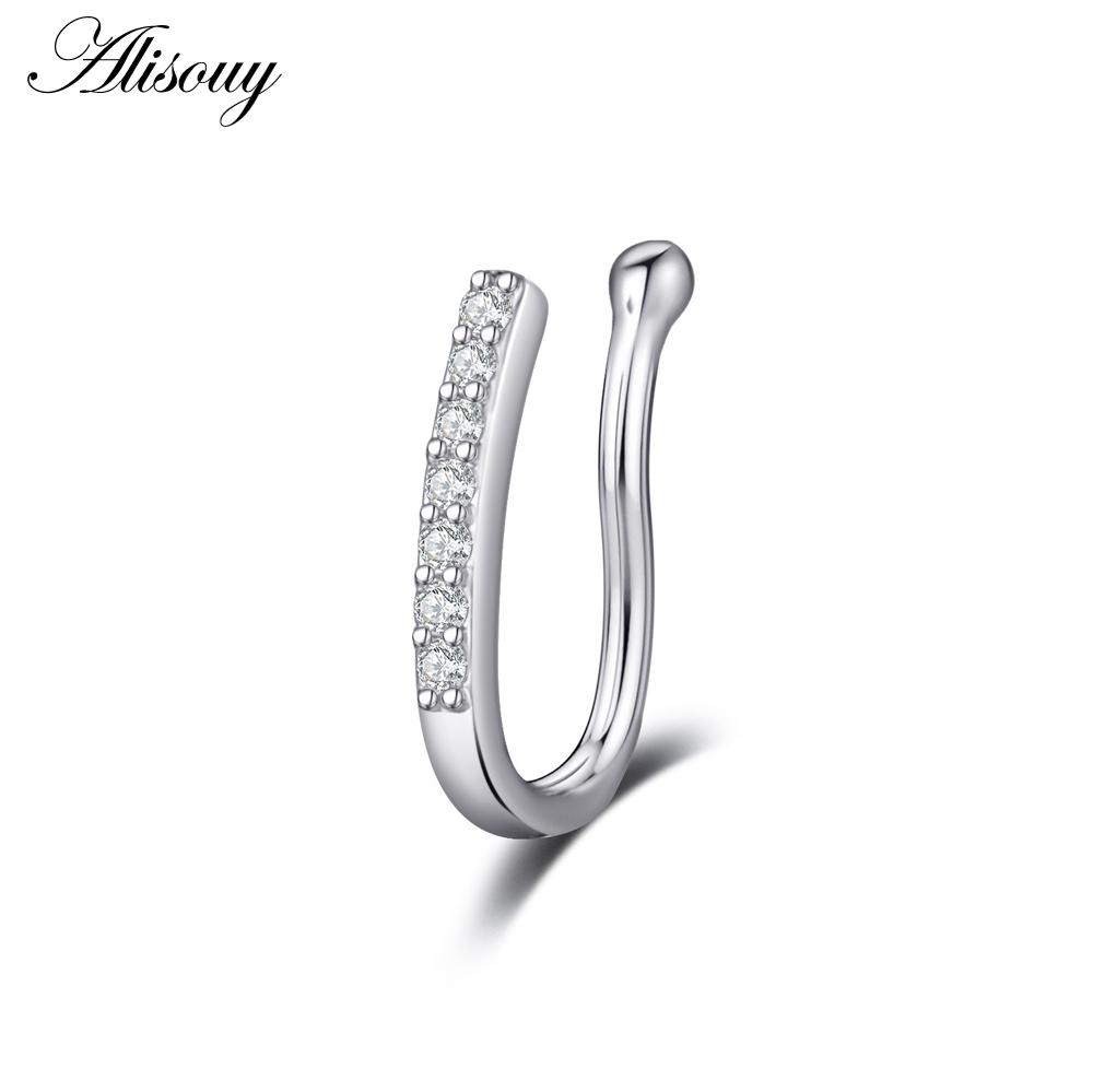 Alisouy 1pc Zirconia Fake Piercing Clip Nose Ring Body Jewelry for Women Ear Cuffs Heart Cross Star Leaf Flowers Clip Nose Rings