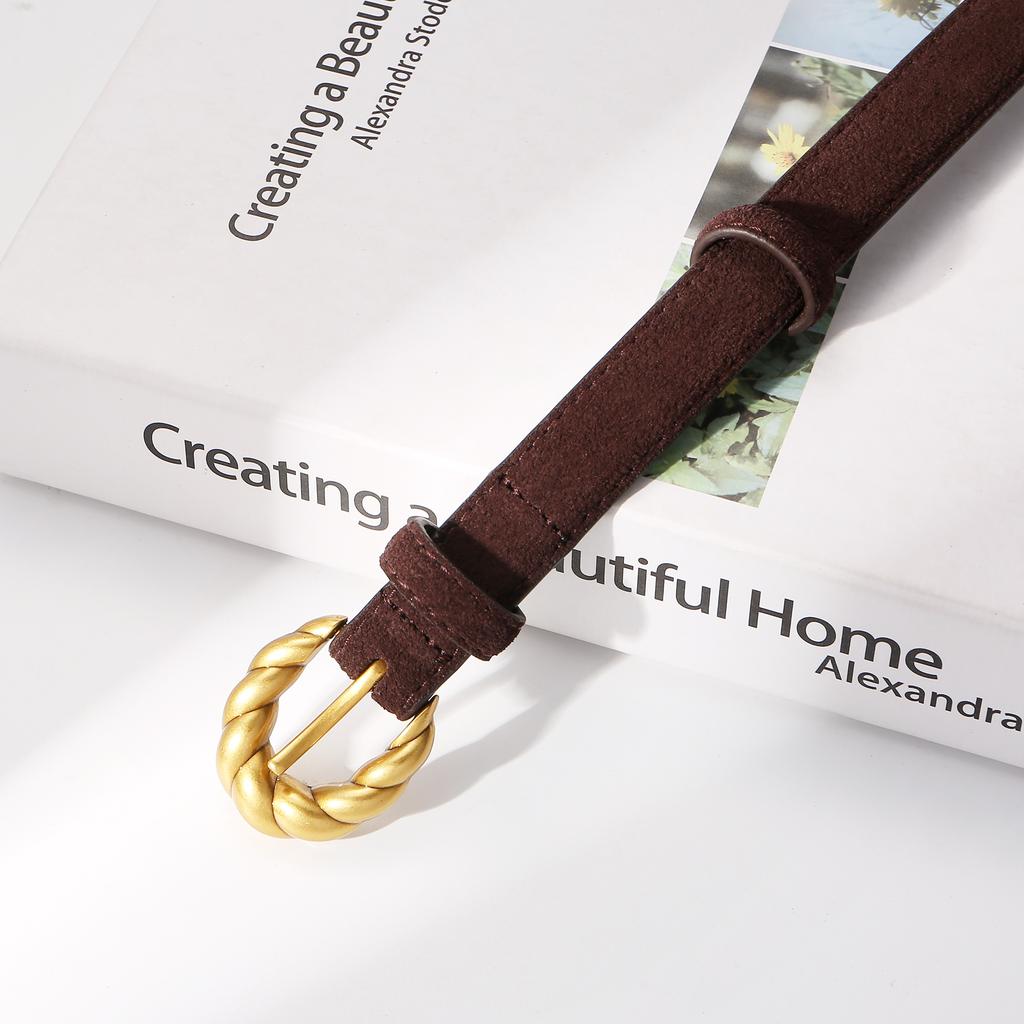 Genuine Leather Suede Women Belt Fashion Skinny Waistband Retro Gold Buckle Brown Belts for Jeans Pants and Dresses