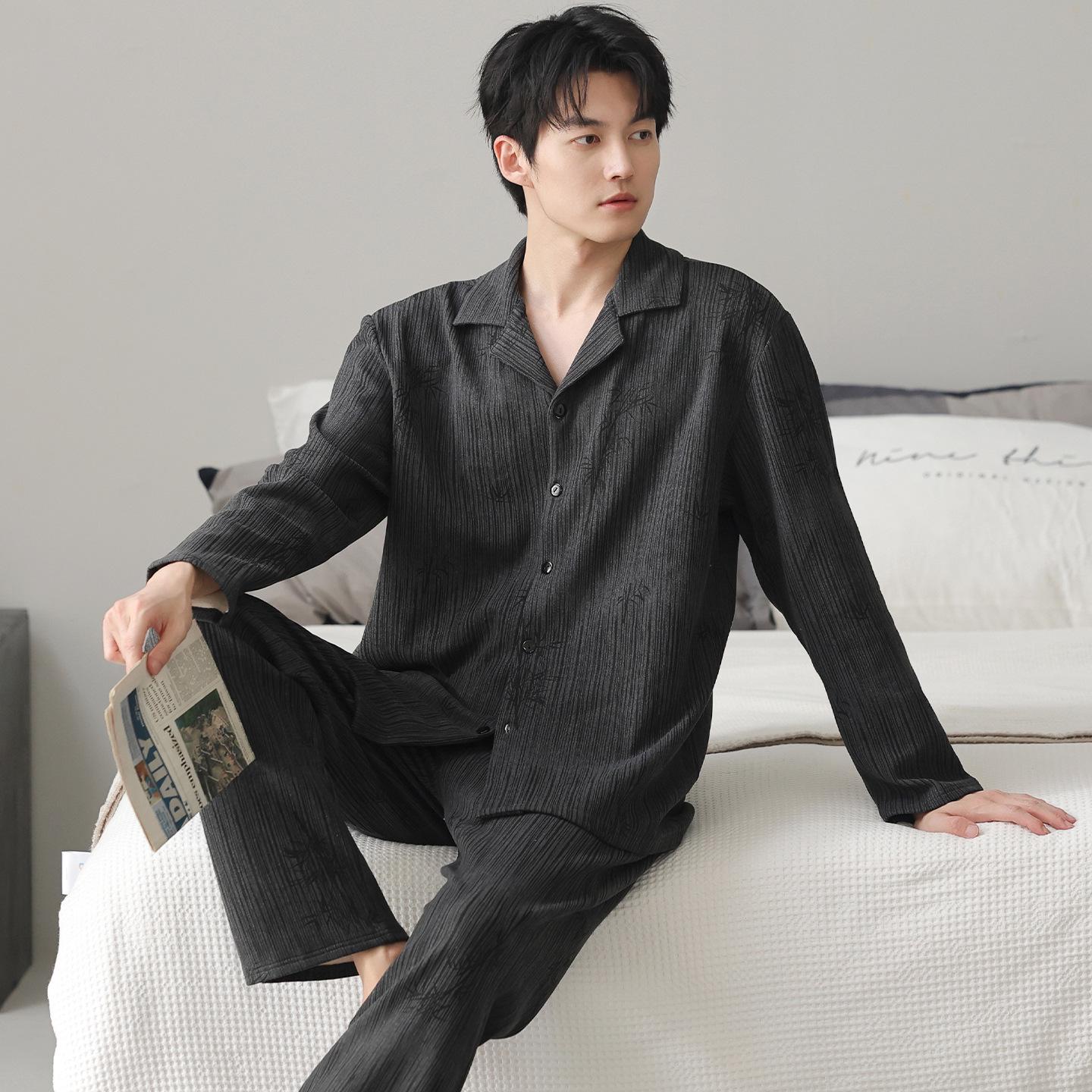 

Мужской хлопковый пижамный комплект для весны и осени - с длинным рукавом и брюками, повседневный и удобный, подходит для ношения на улице - новый стиль 2025 L