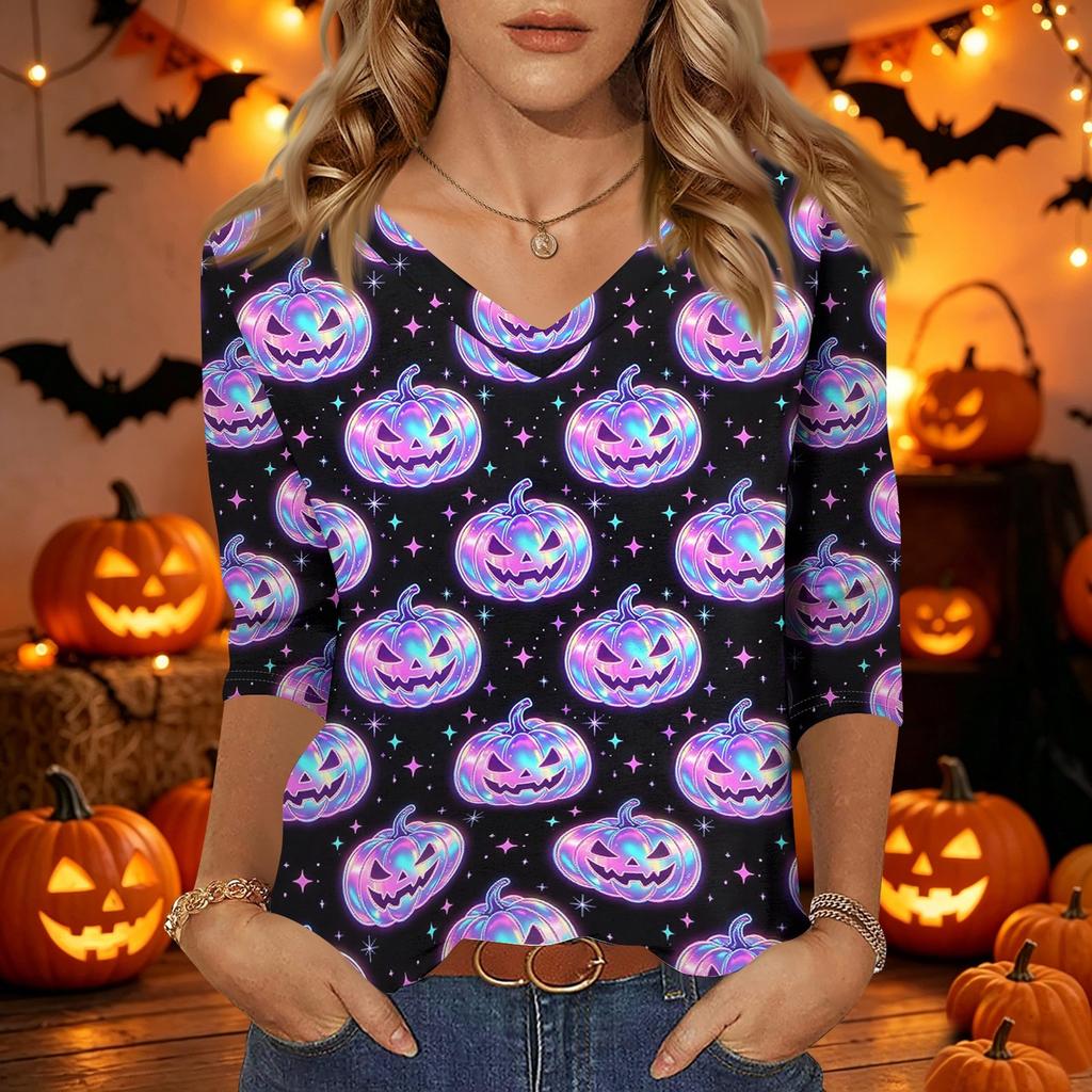 Damen Freizeit V-Ausschnitt Dreiviertelarm Oberteil Halloween Kürbisdruck Leichte Bluse für Herbst und Alltag
