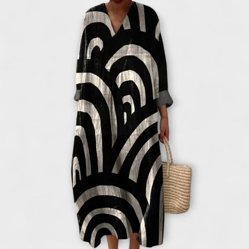 Fashion Vacation Style V-Neck Long Sleeve Printed Loose Beach Dress Women's Stylish Color Block Design Long Dress