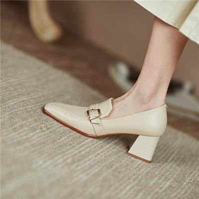 Neu Kuh Leder Frauen Schuhe Fashion Square Toe Slip -On Flachen Pumpen Starke Ferse Mode Schuhe Frauen Zapatos De Mujer Schnalle